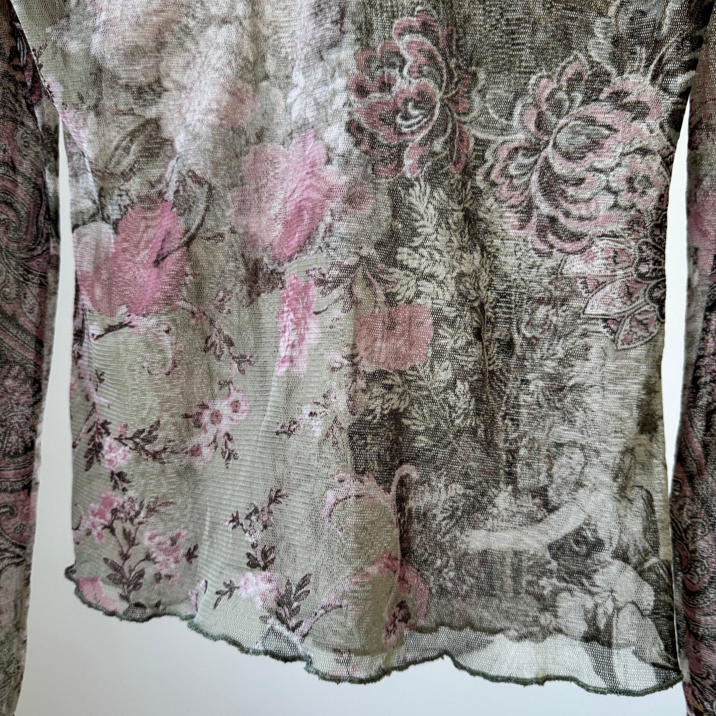 Vintage French mesh long sleeve top with floral, paisley & leopard print S