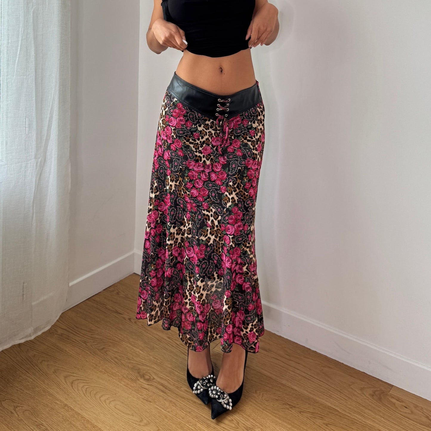Vintage French Floral Leopard Mesh Midi Skirt Y2K Lace Up Skirt (S) ⠀