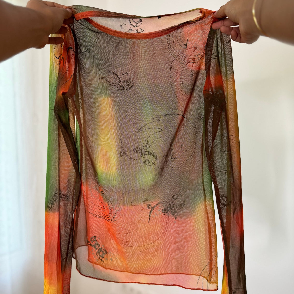 Euro Vintage Orange Brown Green Abstract Print Semi Sheer Mesh Long Sleeve Top