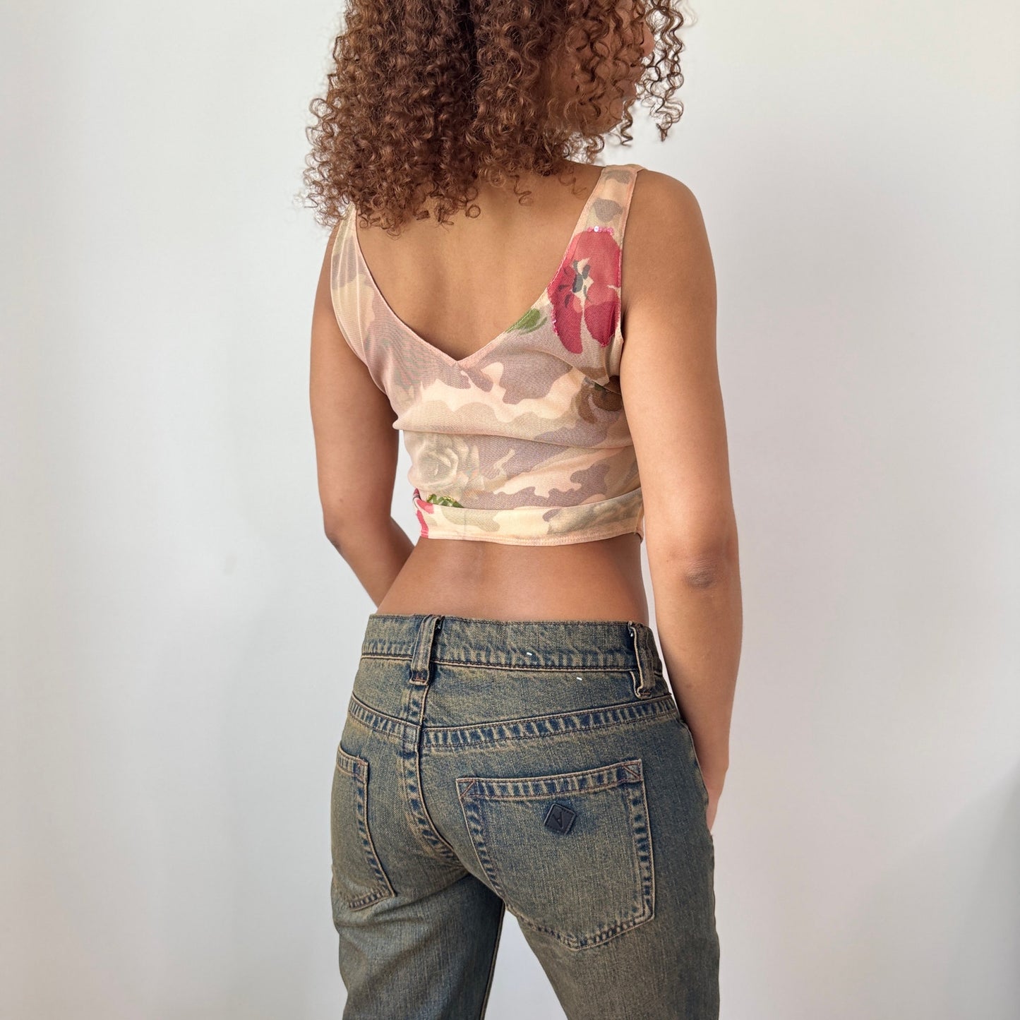 Vintage Euro Sheer Floral Mesh Top Lace Trim Corset Style (S)