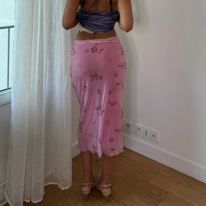 Vintage Pink Floral Mesh Maxi Skirt Double Layer Drawstring Italian Y2K (S)
