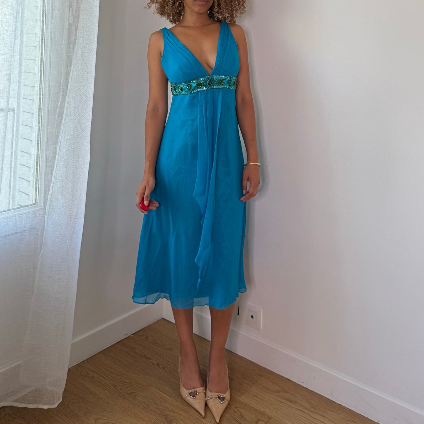 Vintage Turquoise Silk Beaded Empire Waist Midi Dress Italian Y2K (S)
