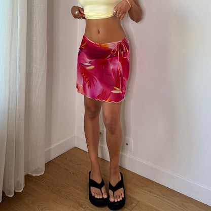 Vintage Hot Pink Red Orange Floral Mesh Wrap Pareo Mini Skirt Y2K (S)