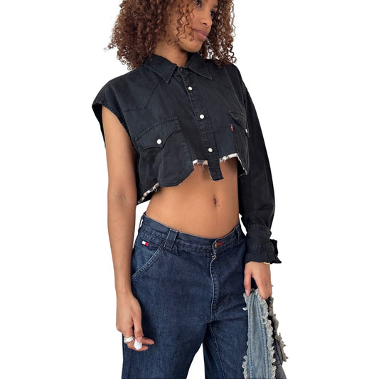 Vintage black denim cropped shirt asymmetrical snap button distressed hem Y2K (S)