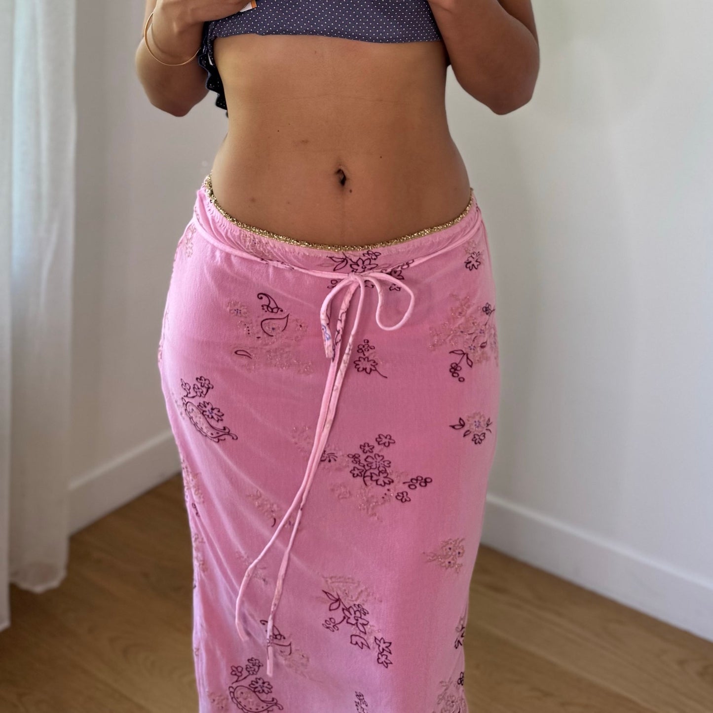 Vintage Pink Floral Mesh Maxi Skirt Double Layer Drawstring Italian Y2K (S)