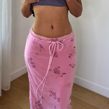 Vintage Pink Floral Mesh Maxi Skirt Double Layer Drawstring Italian Y2K (S)
