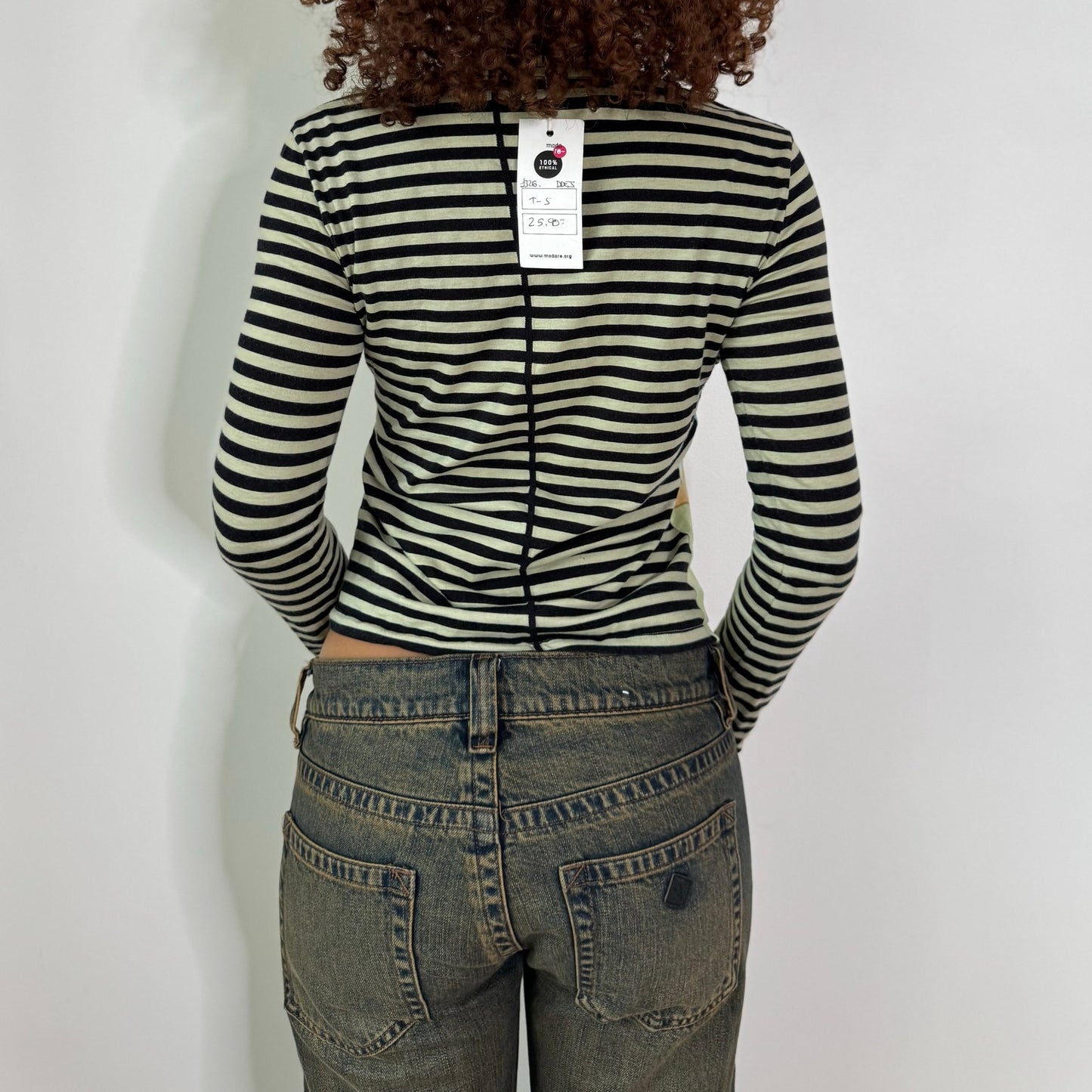 Vintage Custo Barcelona Aqua Black Striped Graphic Long Sleeve Top Y2K (S)