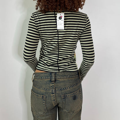 Vintage Custo Barcelona Aqua Black Striped Graphic Long Sleeve Top Y2K (S)