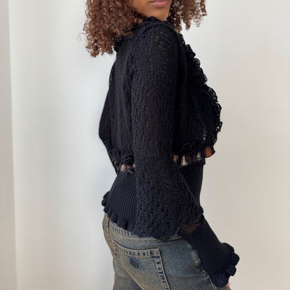 Vintage Italian black wool mohair 2 piece set with embroidered cami and ruffle trim cropped cardigan by Sonia Fortuna (S/M)