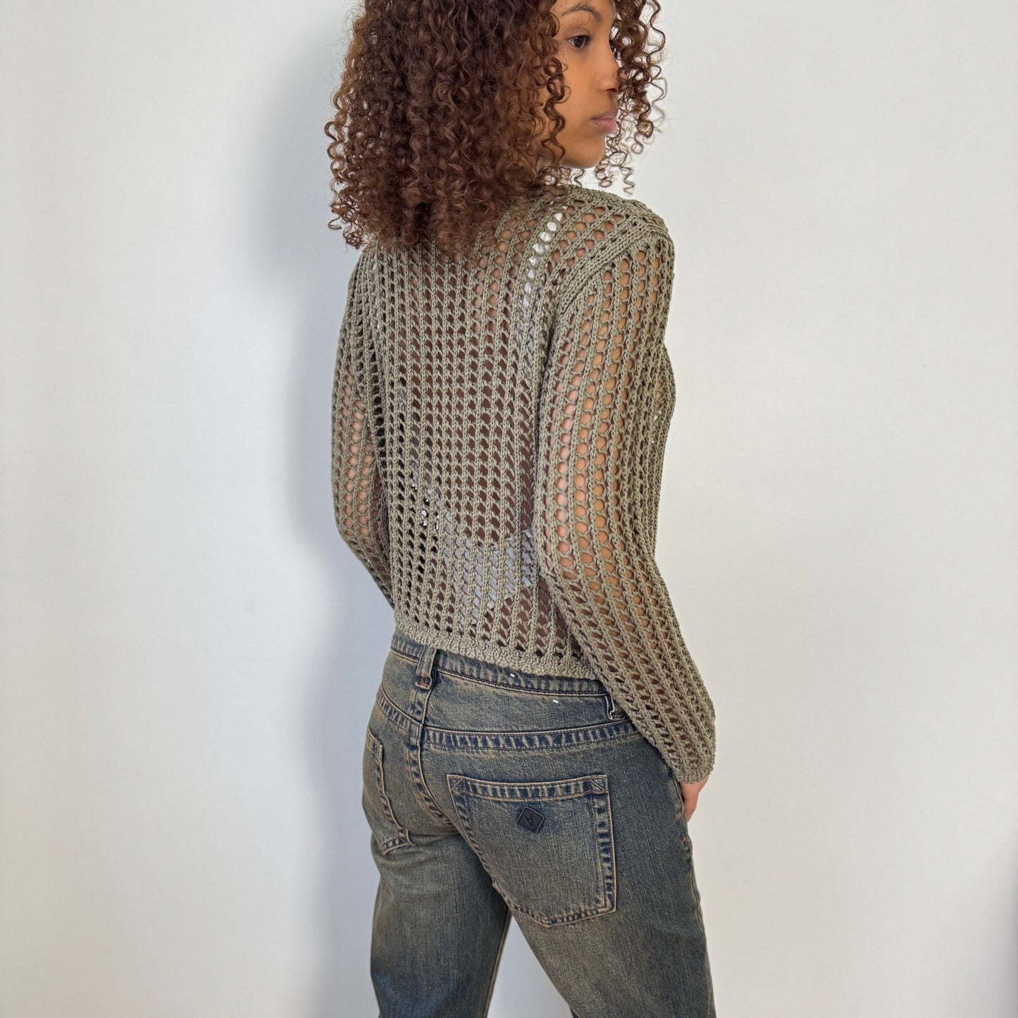 Vintage Italian olive open knit tie front cardigan with long sleeves (S)