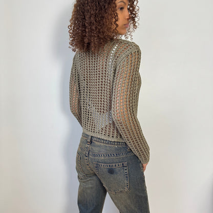 Vintage Italian olive open knit tie front cardigan with long sleeves (S)