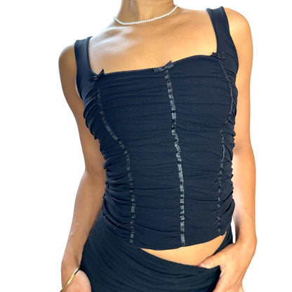 Vintage 90s black mesh ruched goth camisole with ribbon detail (S)