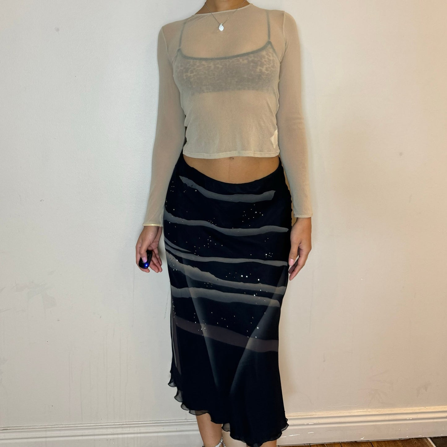 Vintage 90s Silk Midi Skirt with Rhinestones (S/M)