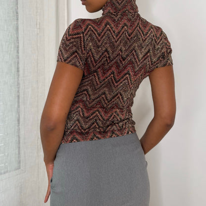 Italian Vintage Brown Burgundy Copper Metallic Chevron Zigzag Knit Short Sleeve Turtleneck Top