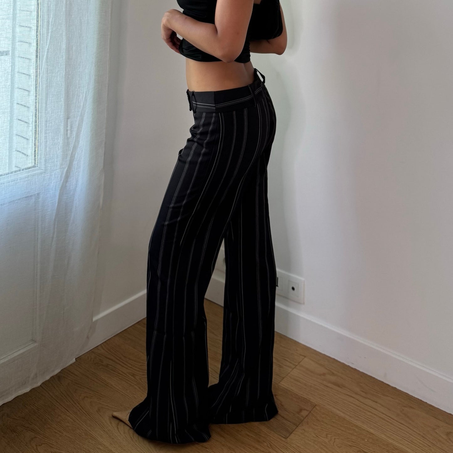 Vintage Black White Pinstripe Low Rise Flare Trousers Y2K (S)