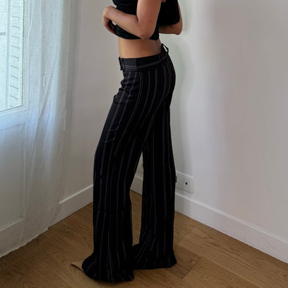 Vintage Black White Pinstripe Low Rise Flare Trousers Y2K (S)