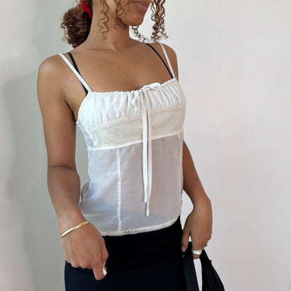 Vintage White Sheer Mesh Lace Ruched Cami Top Y2K (S)