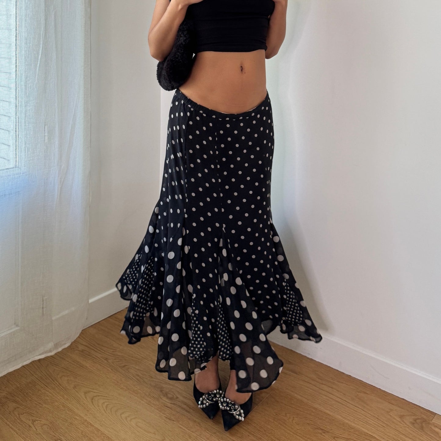 Vintage Y2K Black Polka Dot Silk Maxi Skirt with Ruffle Hem (S/M)