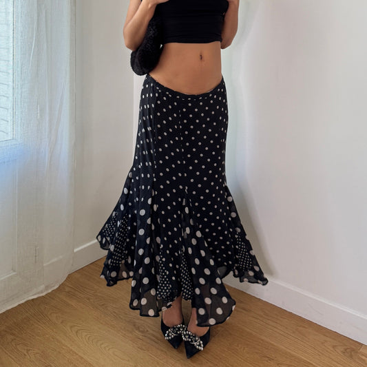 Vintage Y2K Black Polka Dot Silk Maxi Skirt with Ruffle Hem (S/M)