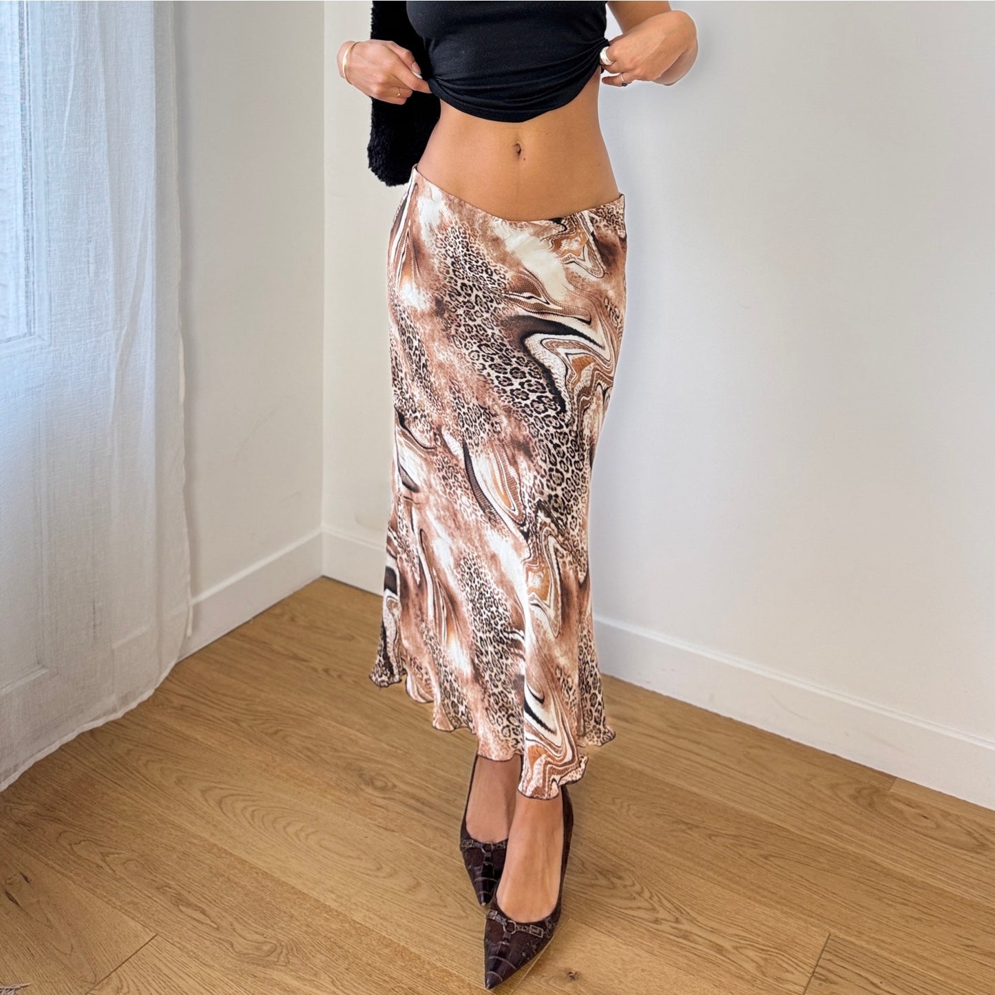 Vintage Italian Abstract Animal Print Mesh Midi Skirt Brown Neutral (S/M)