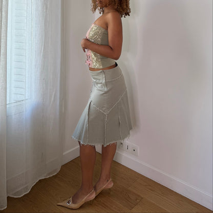 Parisian Vintage Pale Seafoam Green Sage Asymmetric Layered Raw Hem Low Rise Midi Skirt