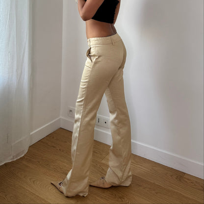 Vintage Italian Beige Satin Bootcut Pants Low Rise Y2K Trousers (XS)