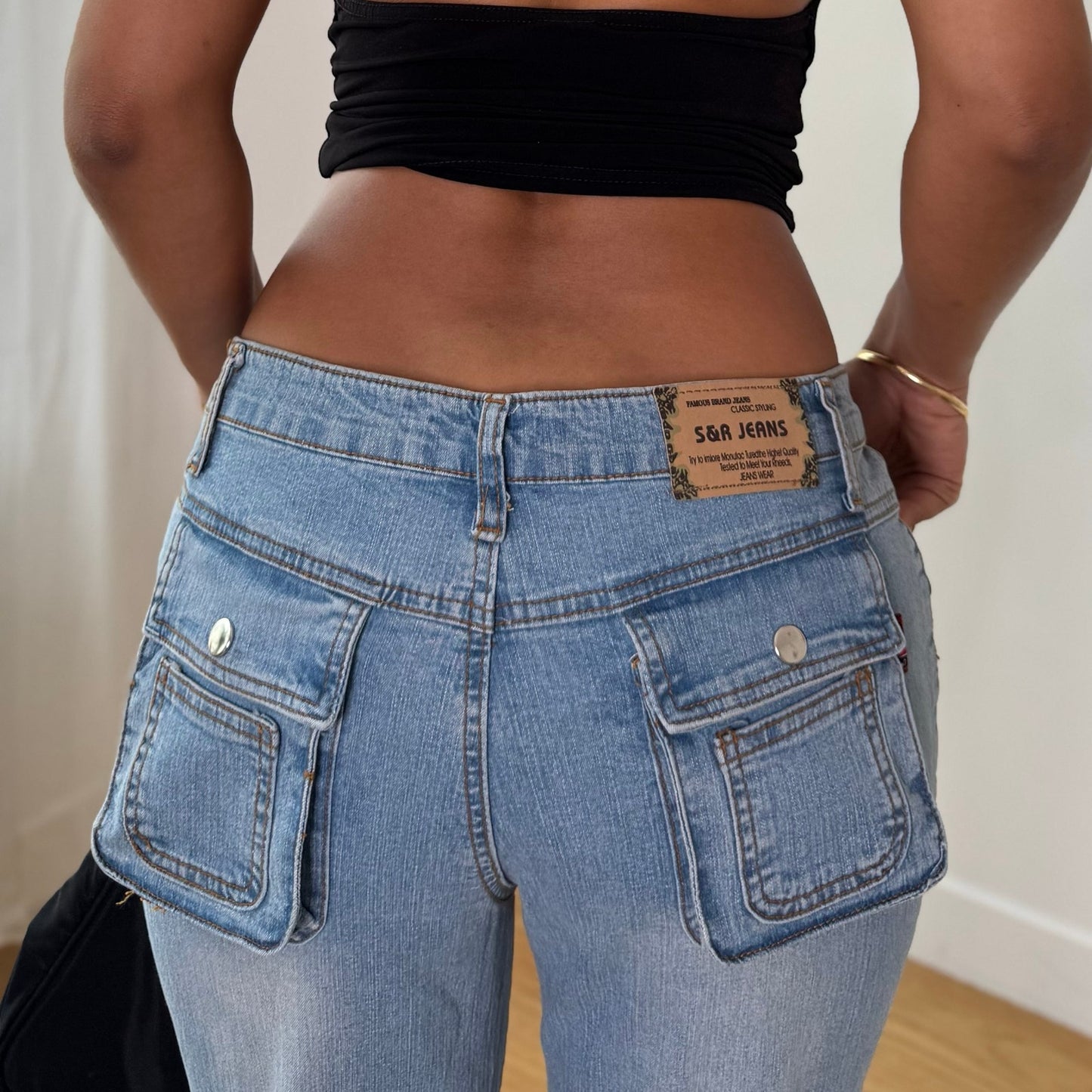 Vintage Light Blue Wash Low Rise Cargo Flare Jeans Euro Y2K (S)