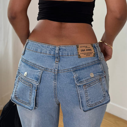 Vintage Light Blue Wash Low Rise Cargo Flare Jeans Euro Y2K (S)