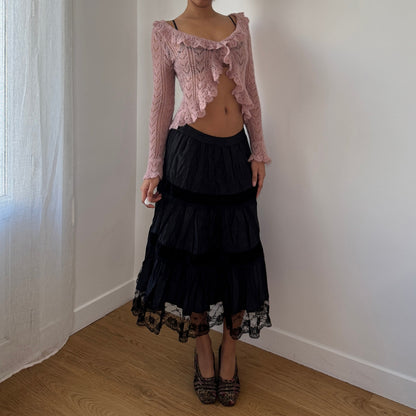 Vintage Italian Black Tiered Midi Skirt Lace Trim (S)