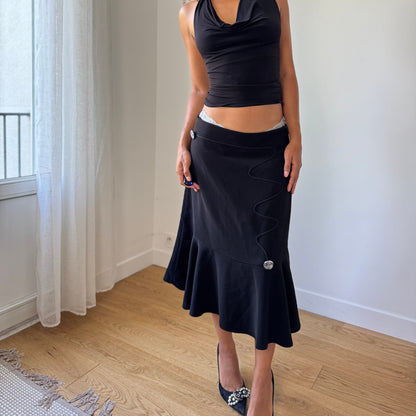 Vintage Black Asymmetrical Flounce-Hem Midi Skirt (S/M)