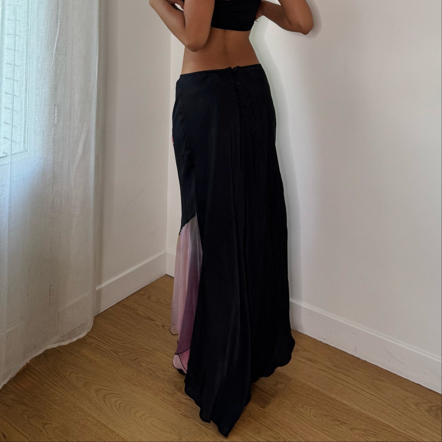 Vintage Black Pink Floral Butterfly Lace Asymmetrical Maxi Skirt Spain Y2K (S)