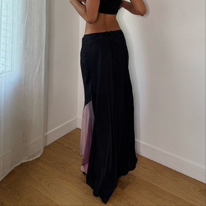 Vintage Black Pink Floral Butterfly Lace Asymmetrical Maxi Skirt Spain Y2K (S)