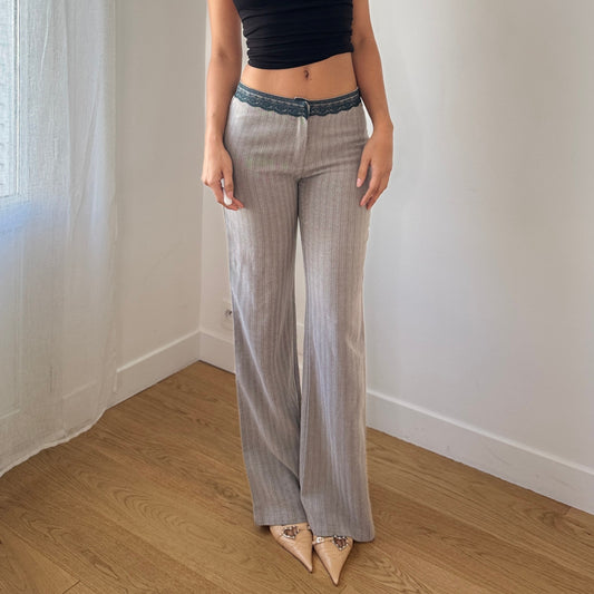 Vintage Pinstripe Low Rise Pants Lace Trim Waist Y2K (XS/S)