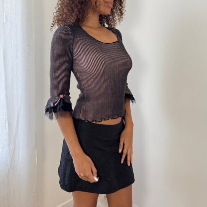 Vintage Euro black + pink mesh-knit ruffle-sleeve top (S)