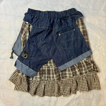 Vintage 00s plaid midi skirt with denim waistband and back (XS/S)