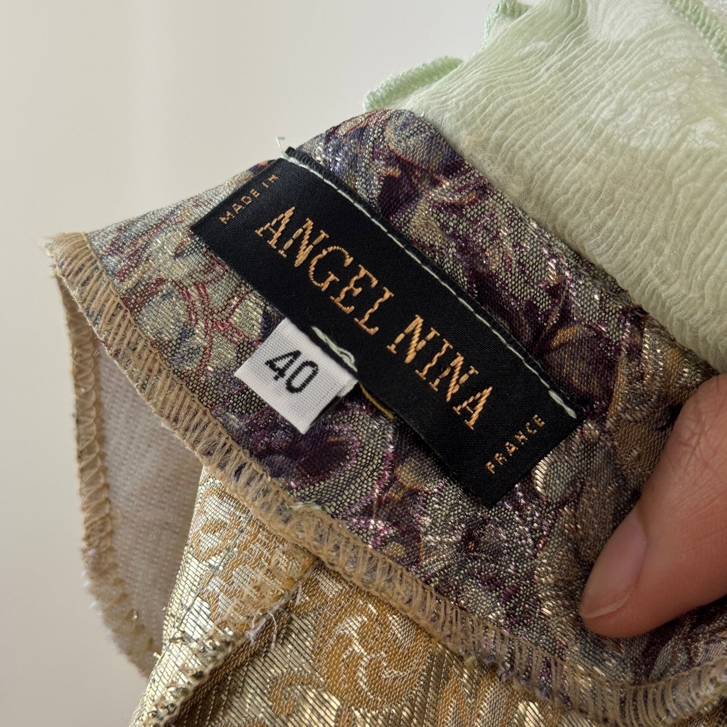 Vintage Designer Brocade & Mesh Ruffle Top Sheer Sleeves Lace Trim Romantic (S/M)