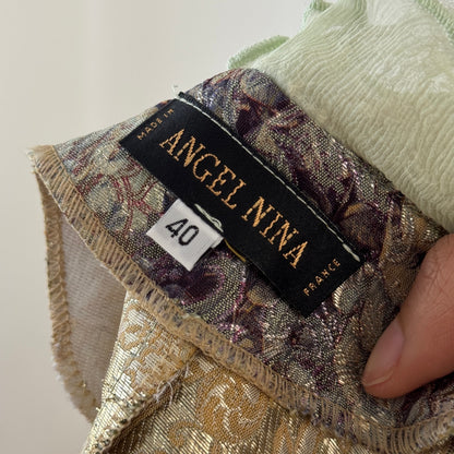 Vintage Designer Brocade & Mesh Ruffle Top Sheer Sleeves Lace Trim Romantic (S/M)