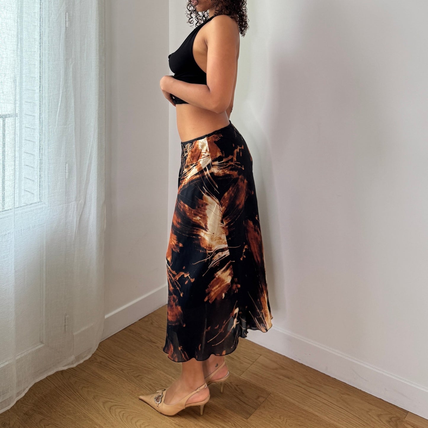 Vintage Y2K Brown Abstract Mesh Midi Skirt with Ruffle Hem Made in Italy (S) ⠀