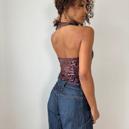 Vintage Pinko Ruffled Sequin Mesh Halter Top (S)