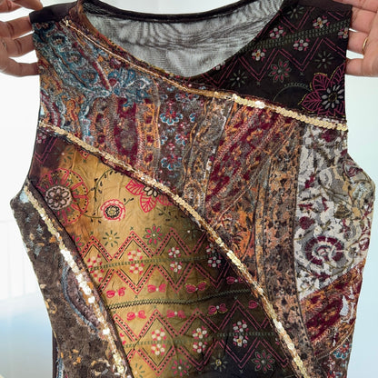 Vintage Brown Green Patchwork Mesh Sequin Top Italian Y2K (S/M)