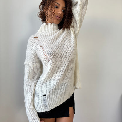 Vintage Italian ivory mohair blend distressed rib knit turtleneck sweater one size