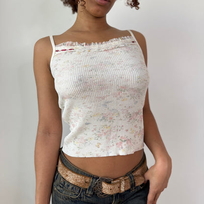 Vintage White Floral Knit 2 Piece Set Cami & Cardigan Lace Trim Y2K Italian (XS/S)