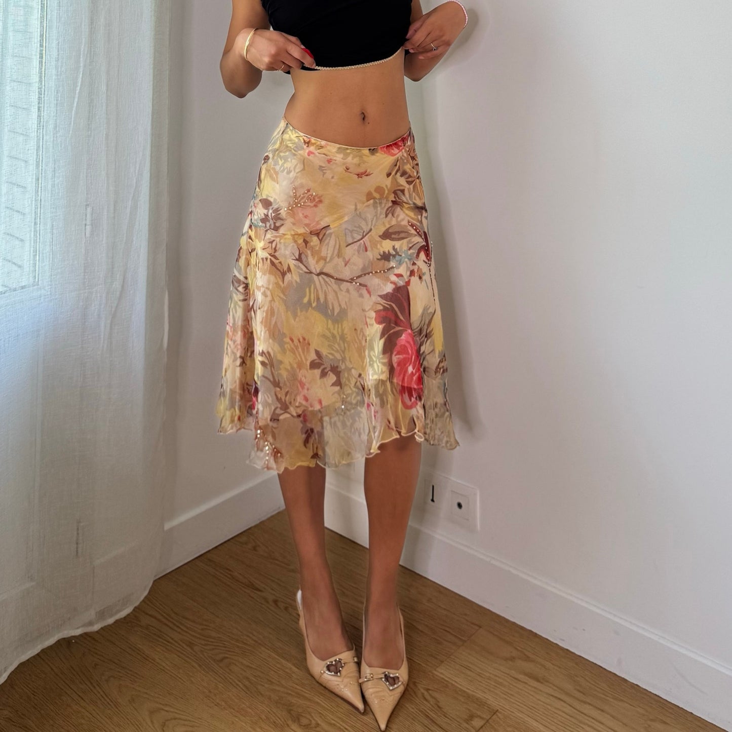 Vintage Beige Pink Floral Mesh Midi Skirt Italian Y2K (XS/S)