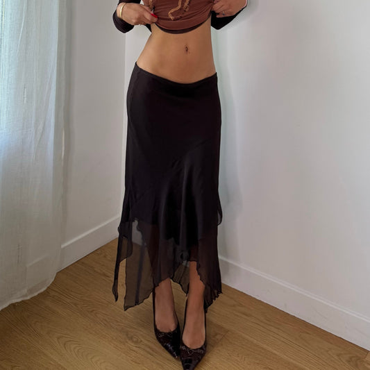 Vintage Brown Mesh Midi Skirt Sheer Hem Italian Y2K (S/M)