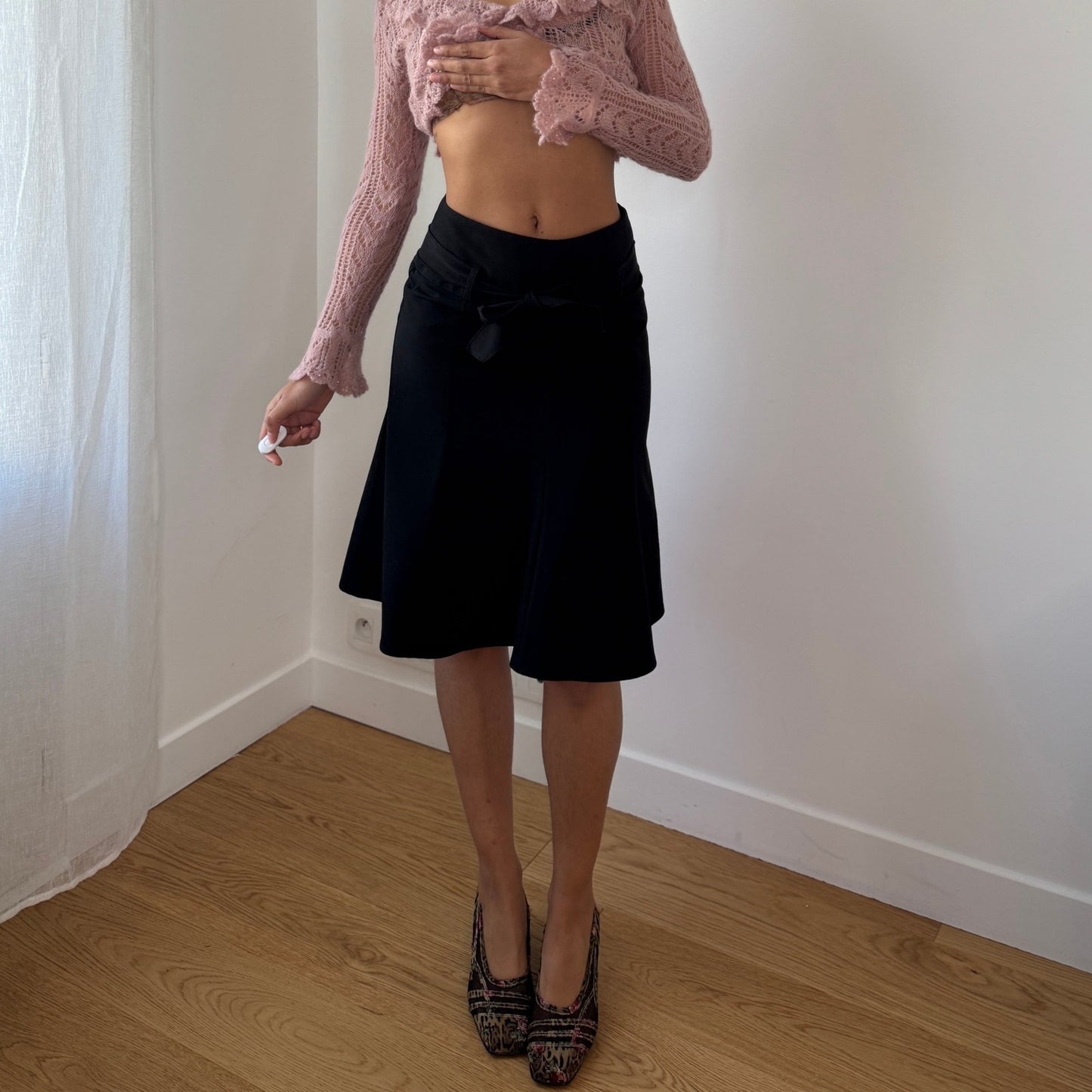 Vintage Black Bow Tie Midi Skirt Flared Y2K French (XS)