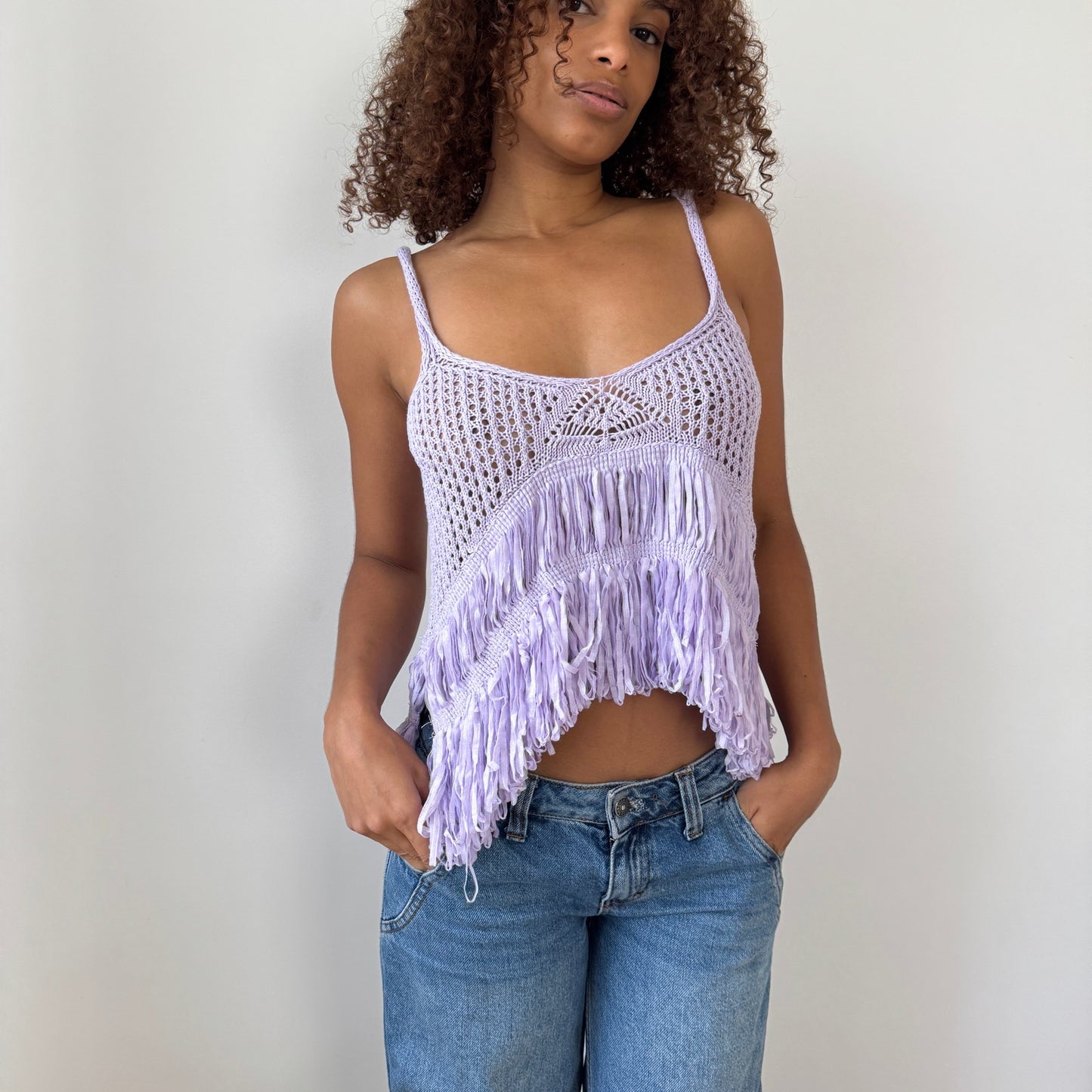 Vintage Italian lavender fringe knit cami (S/M)