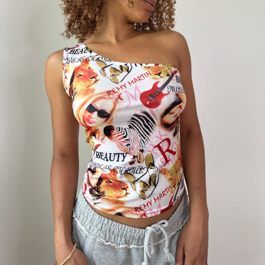 Vintage White Multicolor Graphic Print One Shoulder Top Euro Y2K (S)