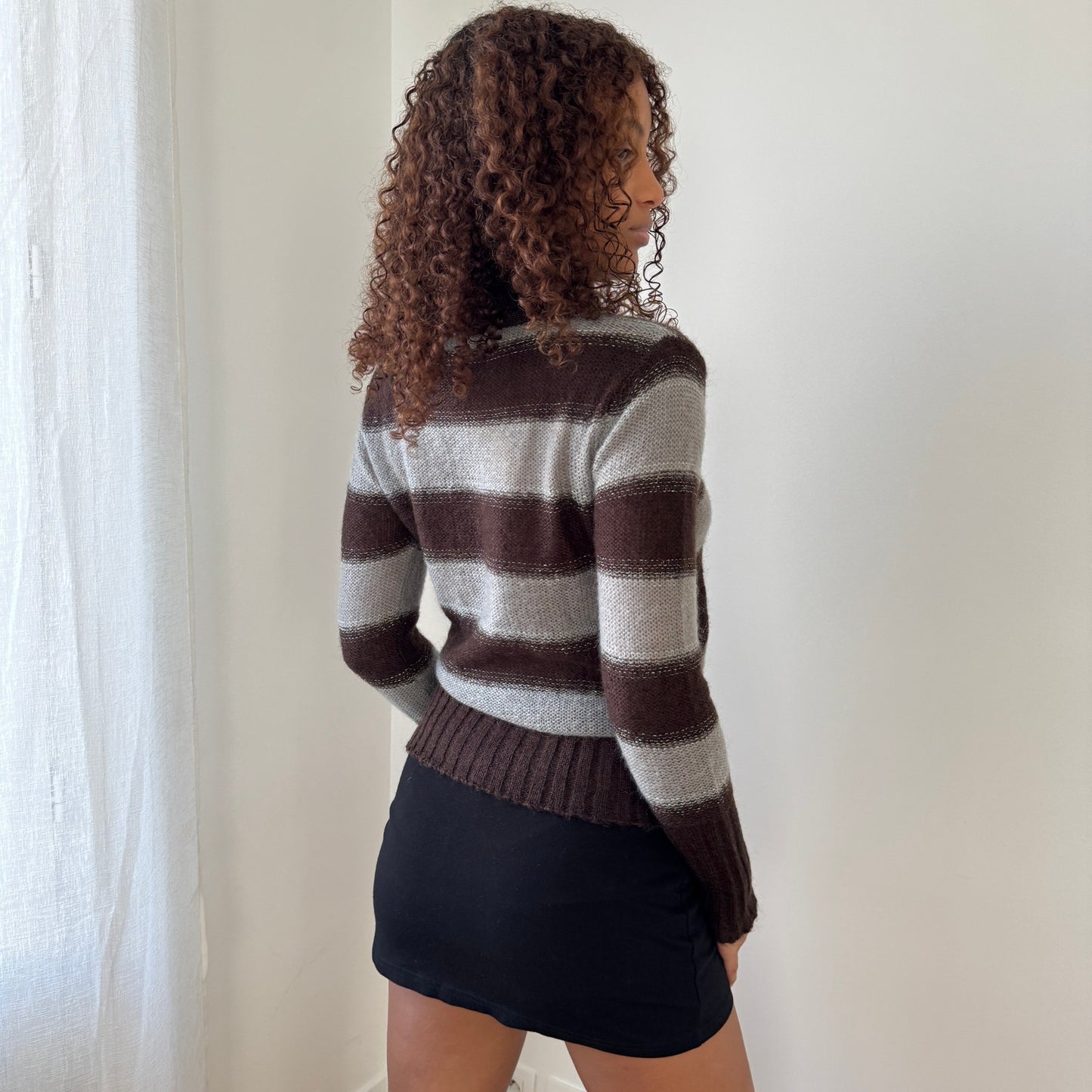 Vintage Muchacha brown & taupe diagonal stripe mohair-blend turtleneck with metallic thread (Small)