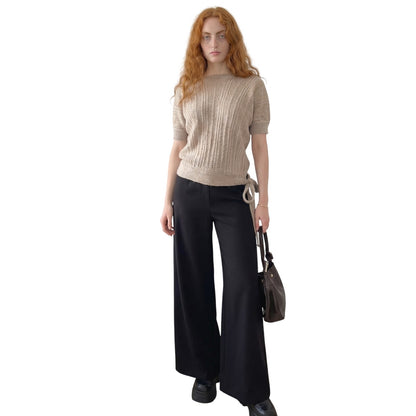 Vintage Italian Beige Mohair Blend Knit Top Short Sleeve Textured Fitted (M)