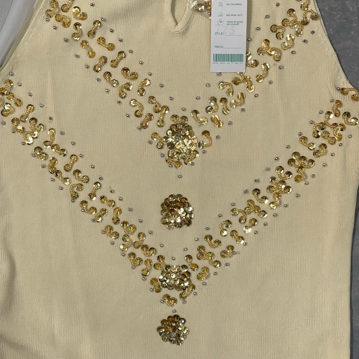 Vintage 90s cream knit high mock neck sleeveless top with gold sequins (S)